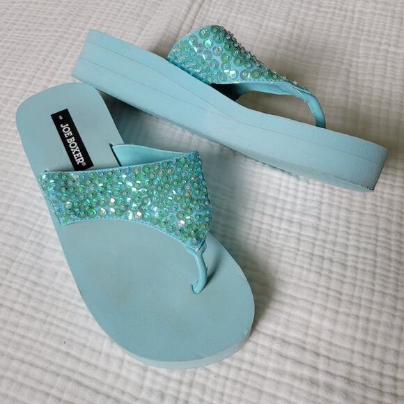 Joe Boxer Womens 9 Blue Aqua Platform Flip Flop Sandals Sequins Y2K McBling - Picture 2 of 9